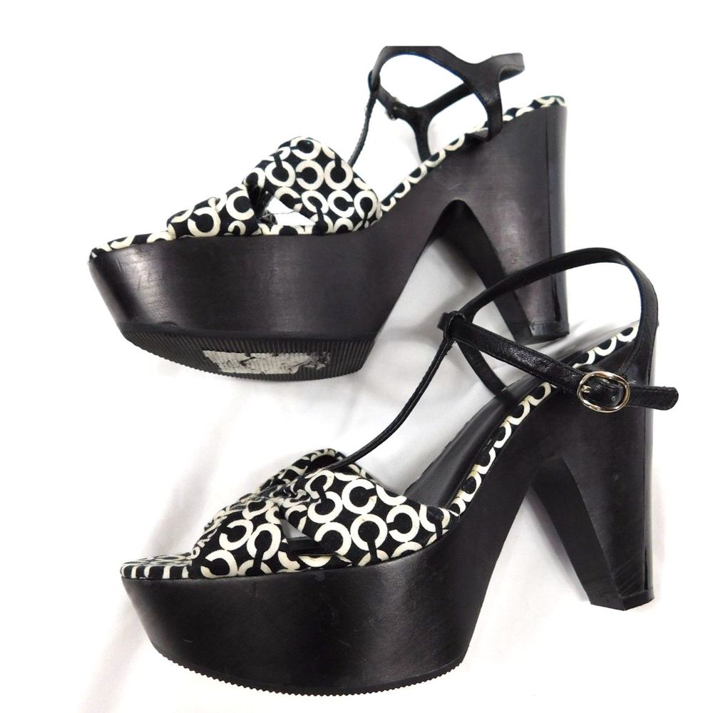 Coach Janeen Wooden Platform Heels Monogram Logo Sandals SZ 10B - Picture 4 of 10